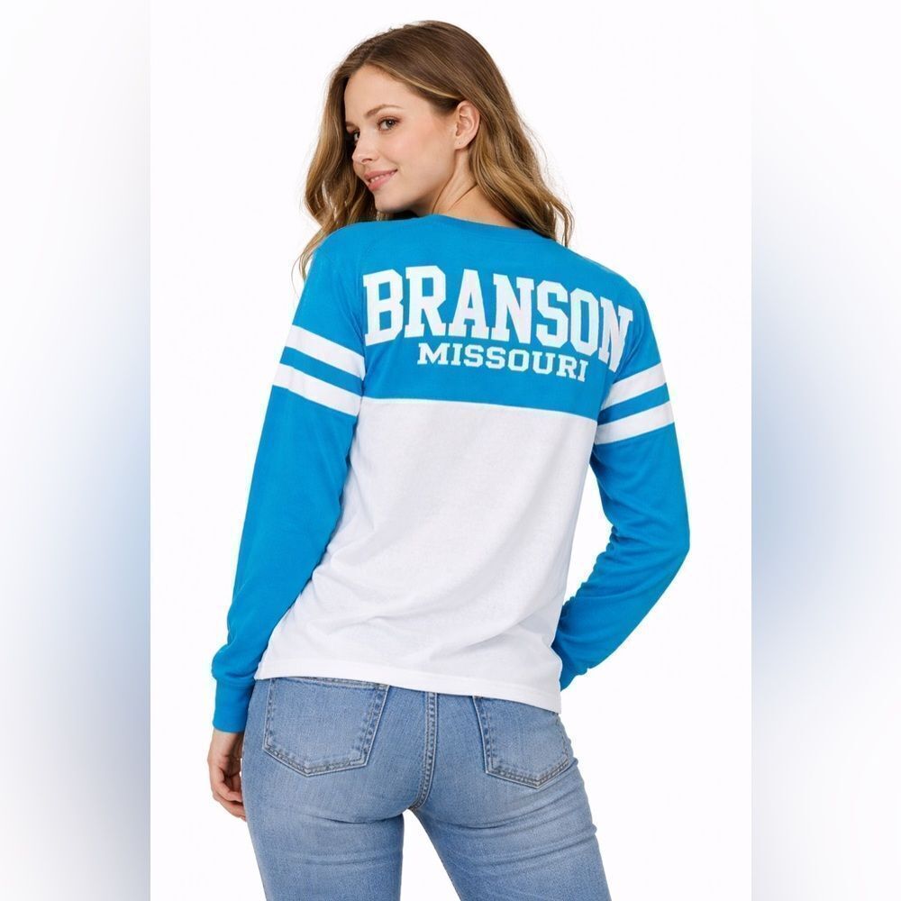 NWT Exist Original Classic 'Branson Missouri' Blue /White Long Sleeve Top Medium